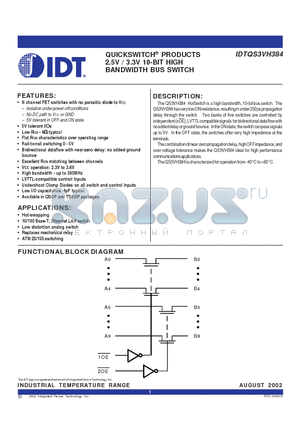 IDTQS3VH384 datasheet - QUICKSWITCH  PRODUCTS 2.5V / 3.3V 10-BIT HIGH BANDWIDTH BUS SWITCH