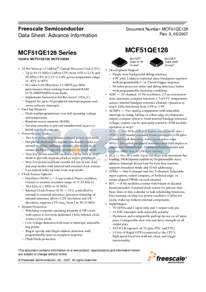 MCF51QE128CLH datasheet - 32-Bit Version 1 ColdFire^ Central Processor Unit (CPU)