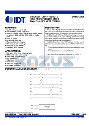 IDTQS4A105_09 datasheet - QUICKSWITCH^ PRODUCTS HIGH-PERFORMANCE CMOS TWO CHANNEL 4PST SWITCH