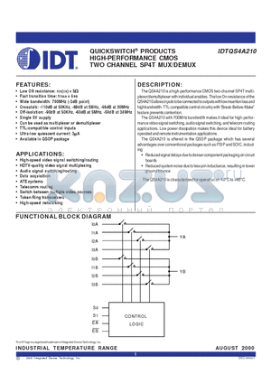 IDTQS4A210 datasheet - QUICKSWITCH PRODUCTS HIGH-PERFORMANCE CMOS TWO CHANNEL SP4T MUX/DEMUX