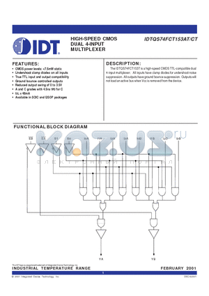 IDTQS74153CTSO datasheet - HIGH-SPEED CMOS DUAL 4-INPUT MULTIPLEXER