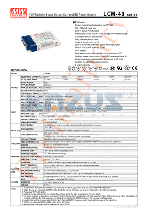 LCM-40 datasheet - 40W Multiple-Stage Output Current LED Power Supply