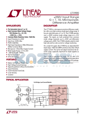 LT1990AIS8 datasheet - 250V Input Range G = 1, 10, Micropower, Difference Amplifier