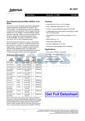 EL1537IRE-T13 datasheet - Dual Channel Central Office ADSL2 Line Driver