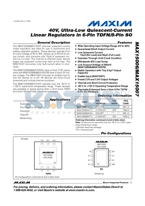 MAX15007AASA+ datasheet - 40V, Ultra-Low Quiescent-Current Linear Regulators in 6-Pin TDFN/8-Pin SO