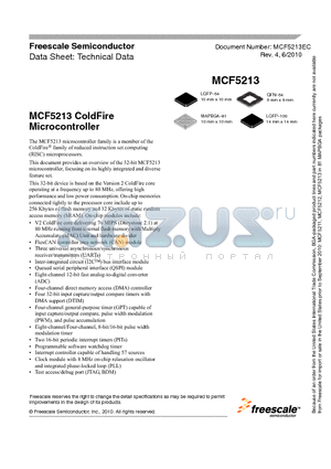 MCF5211LCEP66 datasheet - MCF5213 ColdFire Microcontroller