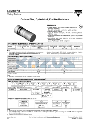 LCM0207B01007JBS00 datasheet - Carbon Film, Cylindrical, Fusible Resistors