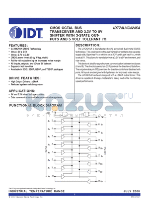 IDTXXLVT4245APG datasheet - CMOS OCTAL BUS TRANSCEIVER AND 3.3V TO 5V SHIFTER WITH 3-STATE OUT-PUTS AND 5 VOLT TOLERANT I/O