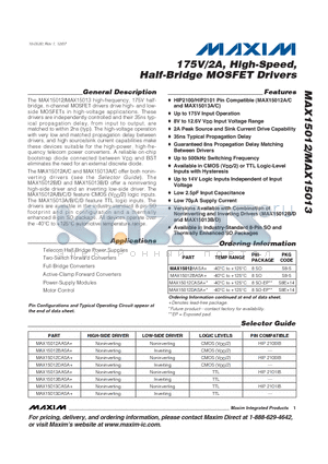 MAX15012AASA datasheet - 175V/2A, High-Speed, Half-Bridge MOSFET Drivers