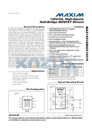 MAX15018 datasheet - 125V/3A, High-Speed, Half-Bridge MOSFET Drivers