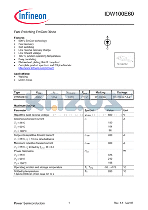 IDW100E60 datasheet - Fast Switching EmCon Diode