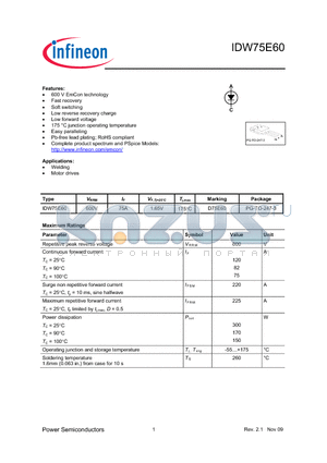 IDW75E60 datasheet - 600 V EmCon technology