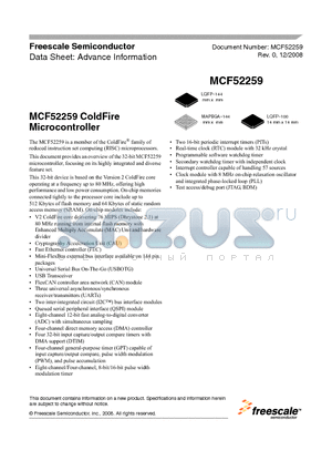 MCF52221CAF80 datasheet - MCF52259 ColdFire Microcontroller