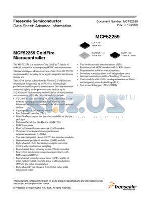 MCF52255CAF80 datasheet - MCF52259 ColdFire Microcontroller