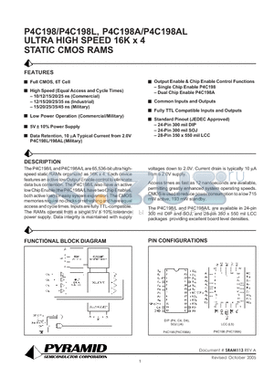 P4C198 datasheet - ULTRA HIGH SPEED 16K x 4 STATIC CMOS RAMS