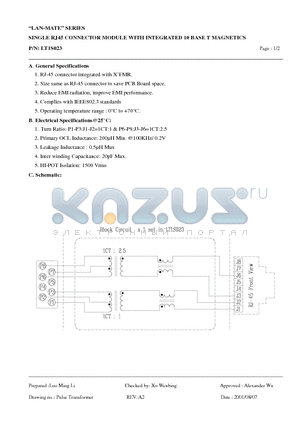 LT1S023 datasheet - SINGLE RJ45 CONNECTOR MODULE WITH INTEGRATED 10 BASE T MAGNETICS