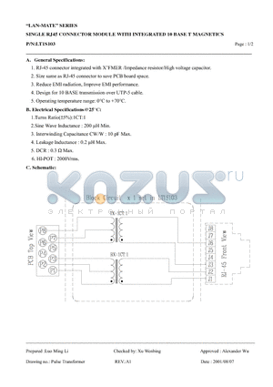 LT1S103 datasheet - SINGLE RJ45 CONNECTOR MODULE WITH INTEGRATED 10 BASE T MAGNETICS