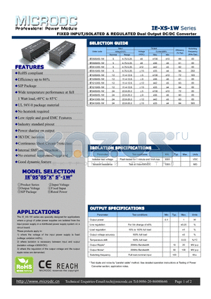 IE0505XS-1W datasheet - FIXED INPUT,ISOLATED & REGULATED Dual Output DC/DC Converter