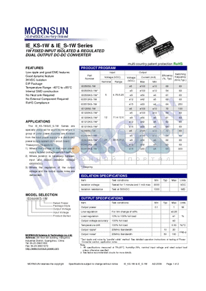 IE0515KS-1W datasheet - DUAL OUTPUT DC-DC CONVERTER