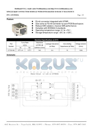 LT1T010A datasheet - SINGLE RJ45 CONNECTOR MODULE WITH INTEGRATED 10 BASE T MAGNETICS