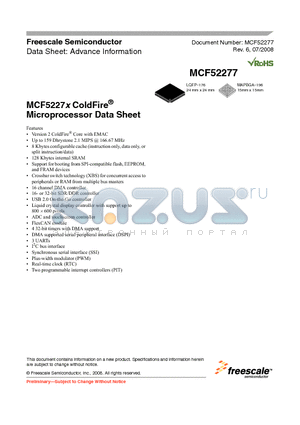 MCF52277 datasheet - ColdFire^ Microprocessor
