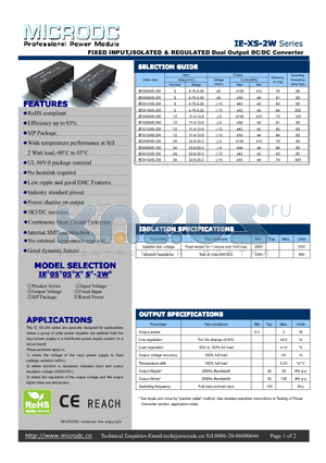 IE1209XS-2W datasheet - FIXED INPUT,ISOLATED & REGULATED Dual Output DC/DC Converter