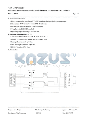 LT1S010 datasheet - SINGLE RJ45 CONNECTOR MODULE WITH INTEGRATED 10 BASE T MAGNETICS