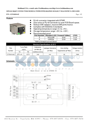 LT1S010-43 datasheet - SINGLE RJ45 CONNECTOR MODULE WITH INTEGRATED 10 BASE T MAGNETICS AND LEDS