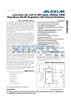 MAX15041 datasheet - Low-Cost, 3A, 4.5V to 28V Input, 350kHz, PWM Step-Down DC-DC Regulator with Internal Switches