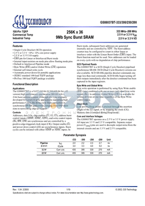 GS88037BGT-250 datasheet - 256K x 36 9Mb Sync Burst SRAM