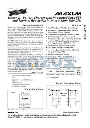 MAX1507 datasheet - Linear Li Battery Charger with Integrated Pass FET and Thermal Regulation in 3mm x 3mm Thin DFN