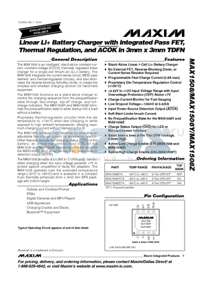 MAX1508 datasheet - Linear Li Battery Charger with Integrated Pass FET, Thermal Regulation, and ACOKin 3mm x 3mm TDFN