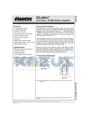 EL2001C datasheet - Low Power, 70 MHz Buffer Amplifier