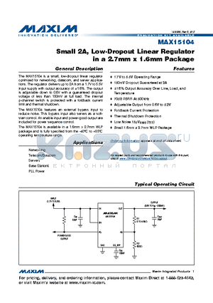 MAX15104 datasheet - Small 2A, Low-Dropout Linear Regulator in a 2.7mm x 1.6mm Package