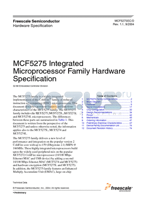 MCF5275LCVM133 datasheet - MCF5275 Integrated Microprocessor Family Hardware Specification