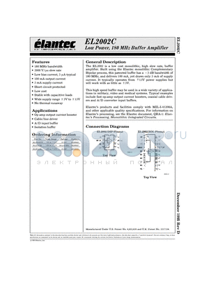 EL2002C datasheet - Low Power, 180 MHz Buffer Amplifier