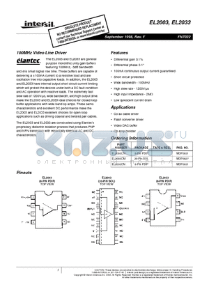 EL2003CN datasheet - 100MHz Video Line Driver