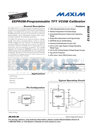 MAX1512ETA datasheet - EEPROM-Programmable TFT VCOM Calibrator