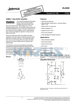 EL2008 datasheet - 55MHz 1 Amp Buffer Amplifier