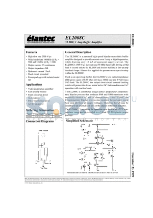 EL2008CT datasheet - 55 MHz 1 Amp Buffer Amplifier