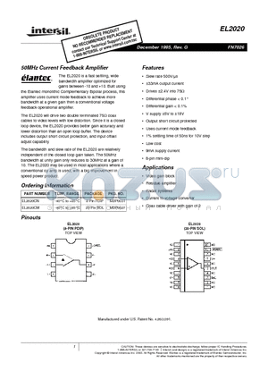 EL2020 datasheet - 50MHz Current Feedback Amplifier
