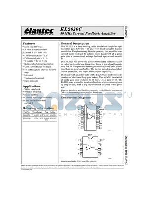 EL2020CN datasheet - 50 MHz Current Feedback Amplifier