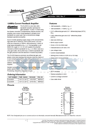 EL2030 datasheet - 120MHz Current Feedback Amplifier
