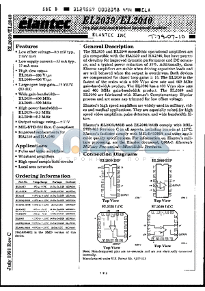 EL2039 datasheet - Very High Slew Rate Wideband Operational Amplifier