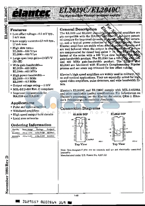 EL2039CN datasheet - Very High Slew Rate Wideband Operational Amplifier