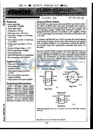 EL2041G datasheet - Wideband Fast Settling Unity Gain Stable, Operational Amplifier