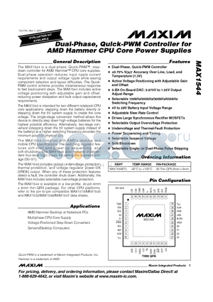 MAX1544 datasheet - Dual-Phase, Quick-PWM Controller for AMD Hammer CPU Core Power Supplies