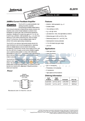 EL2070 datasheet - 200MHz Current Feedback Amplifier