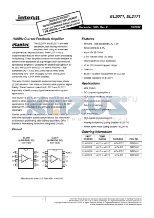 EL2071 datasheet - 150MHz Current Feedback Amplifier