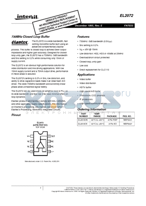 EL2072 datasheet - 730MHz Closed Loop Buffer